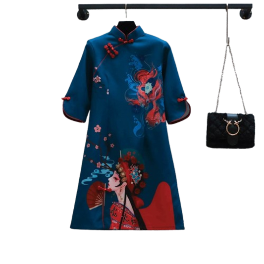 2025 New Year Blue Elegant Party Fashion Modern Cheongsam Dress Women Short Sleeve Qipao Traditional Chinese Clothes