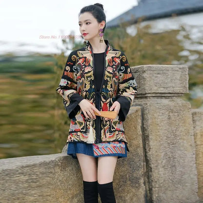 2025 chinese vintage coat retro improved hanfu tops national flower embroidery jacquard jacket traditional chinese ethnic coat