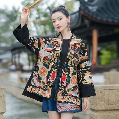 2025 chinese vintage coat retro improved hanfu tops national flower embroidery jacquard jacket traditional chinese ethnic coat