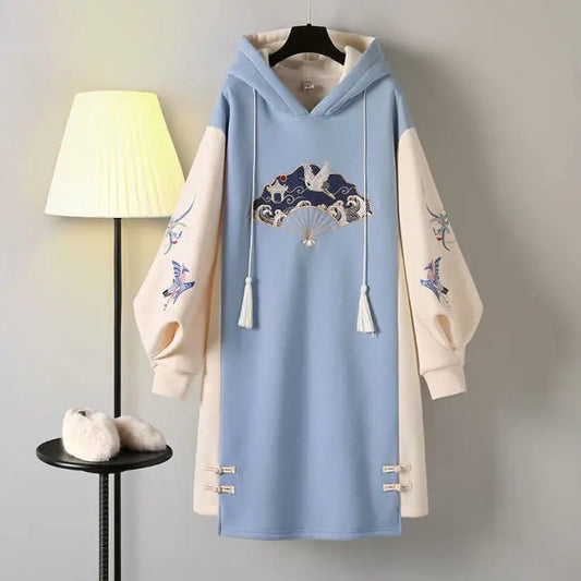 Dress Women's Spring Chinese Traditional Style Hanfu Cheongsam Improved Embroidered Tang Suit 2021 Hooded Sweatshirt Vestidos