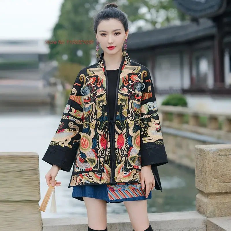 2025 chinese vintage coat retro improved hanfu tops national flower embroidery jacquard jacket traditional chinese ethnic coat